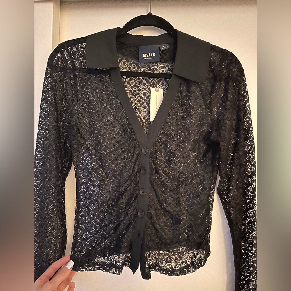 Maeve Black Lace Button-Up Blouse